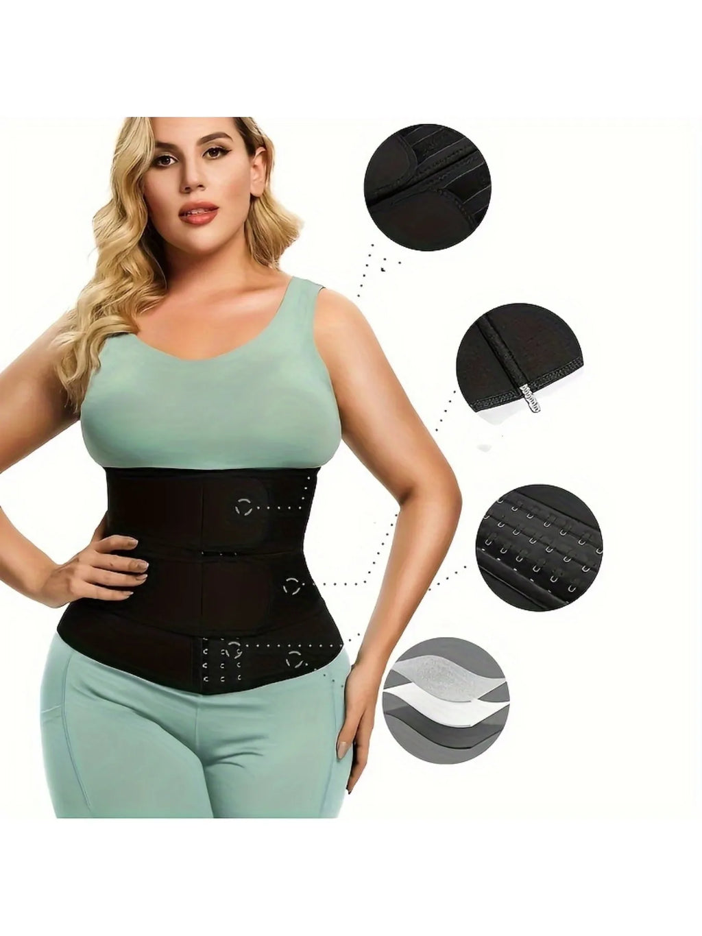 Woman wearing a waist trainer belt with highlighted close-up details of the fabric, hooks, and straps.