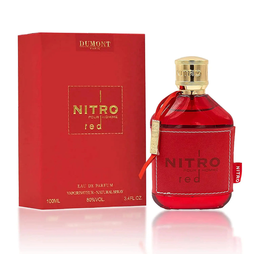 A red glass perfume bottle with a leather sleeve and its matching red box.