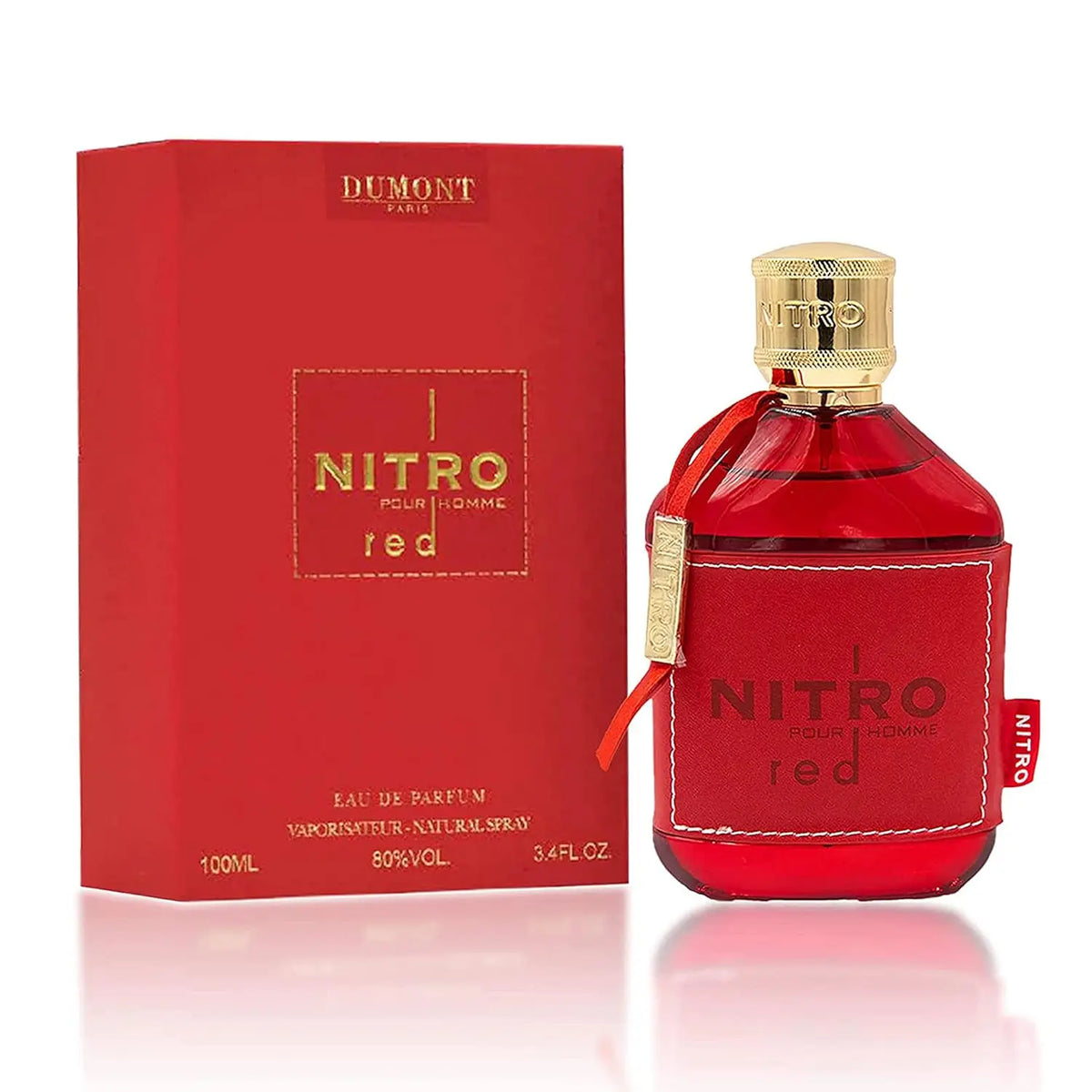 A red glass perfume bottle with a leather sleeve and its matching red box.