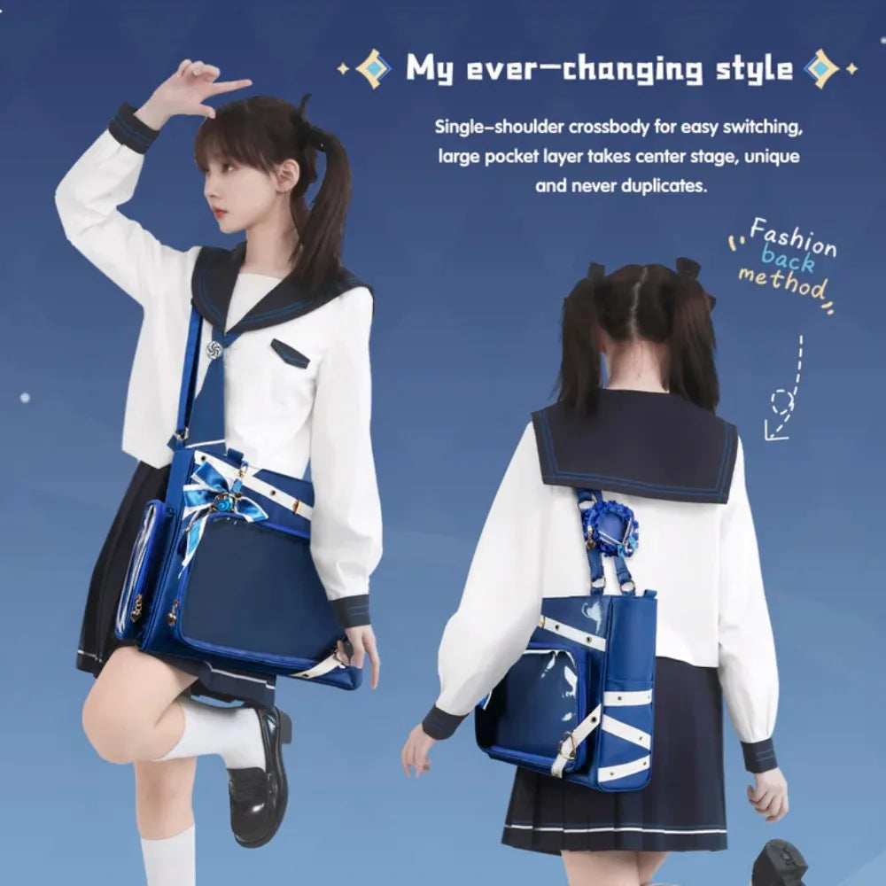 Person modeling a blue tote bag as a shoulder bag and crossbody bag