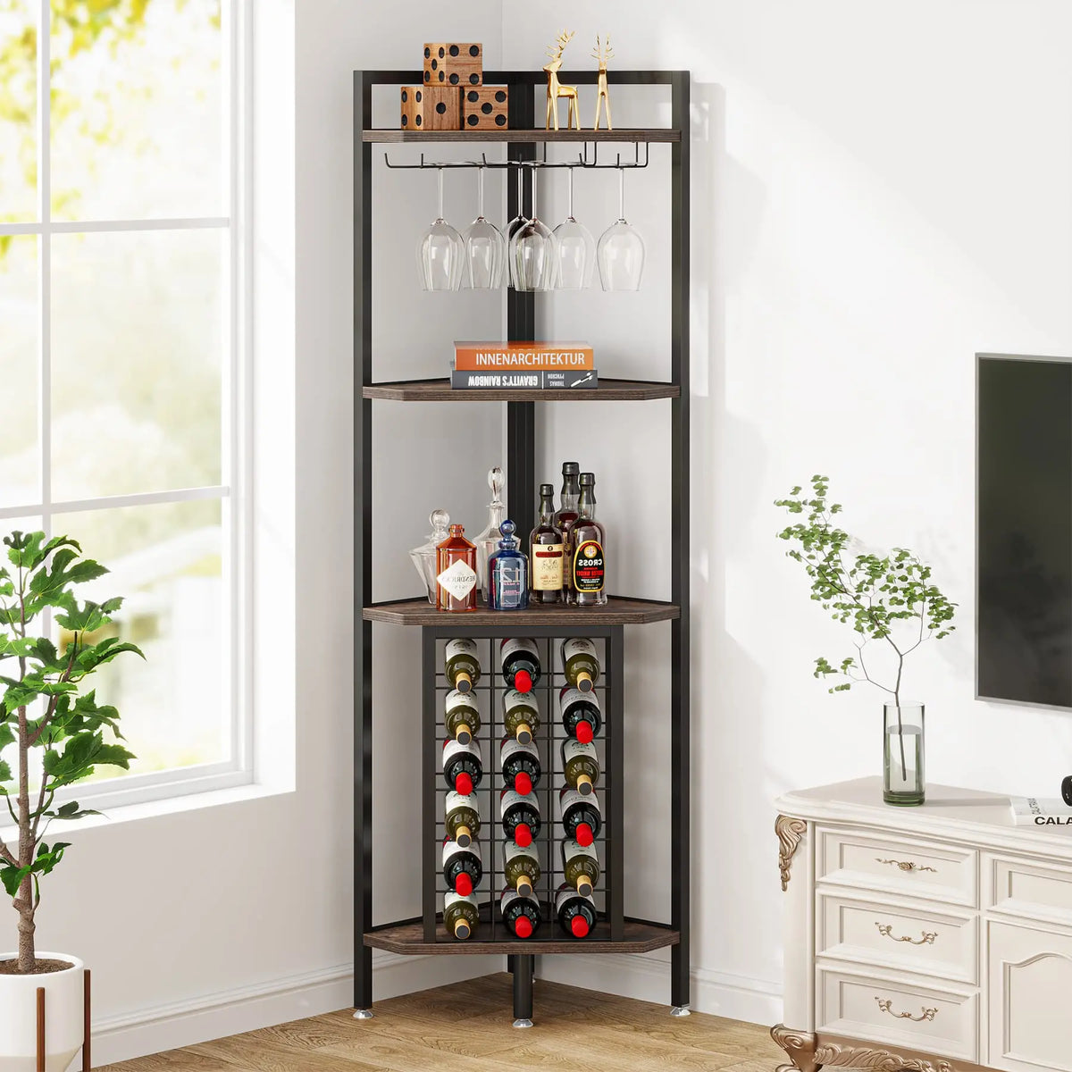 A four-tier corner wine rack with a glass holder and dark wood shelves in a bright living room.