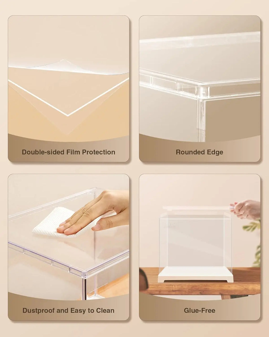 Four-part instructional graphic showing features of a clear acrylic display case for miniature models
