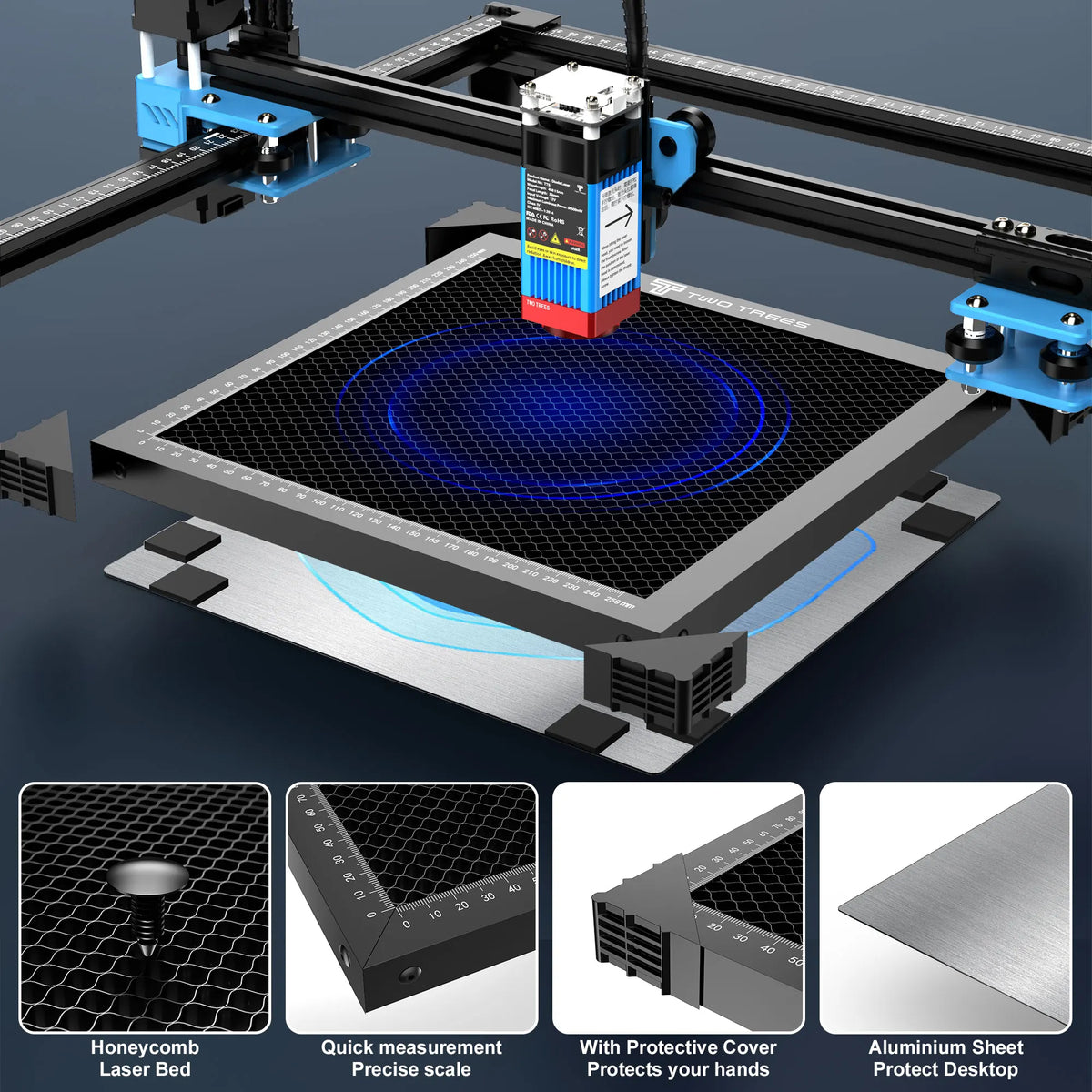 Laser engraver machine with a honeycomb work bed and protective metal sheet components