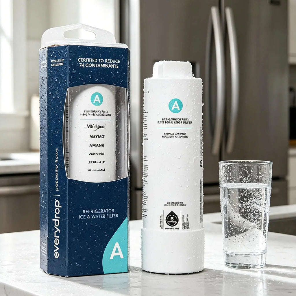 White cylinder refrigerator ice and water filter with its product packaging box on a kitchen counter