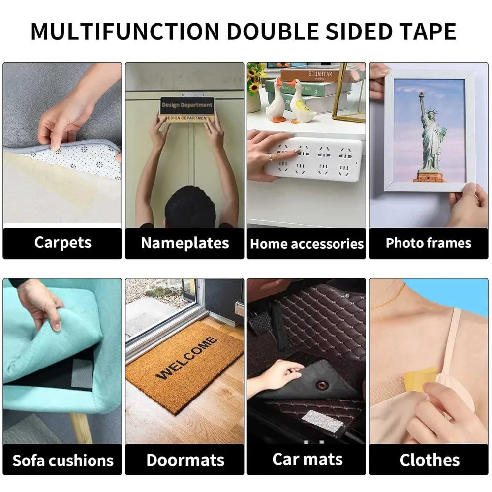 Collage showing various household uses for double-sided adhesive mesh tape.
