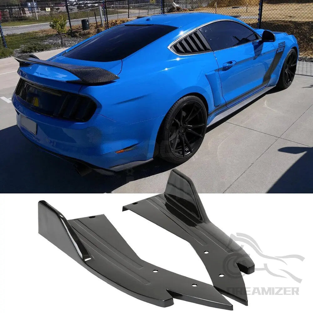 Rear bumper side spoiler splitter set in black finish for a sports car