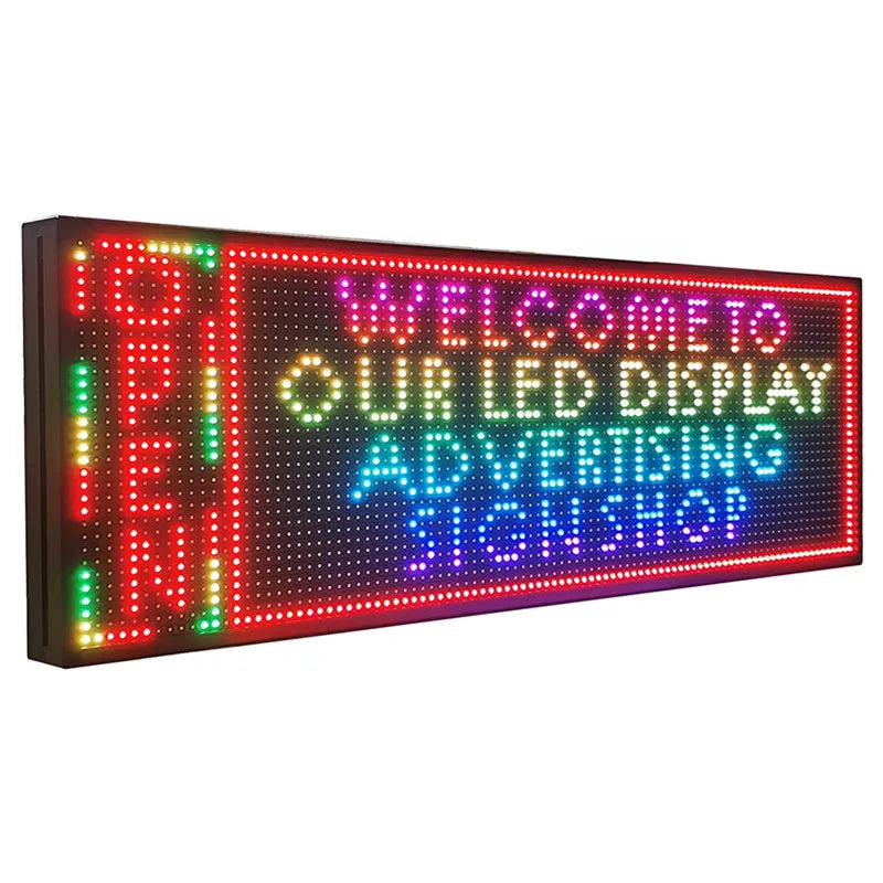 A horizontal LED digital message board showing the text WELCOME TO OUR LED DISPLAY SIGN SHOP.