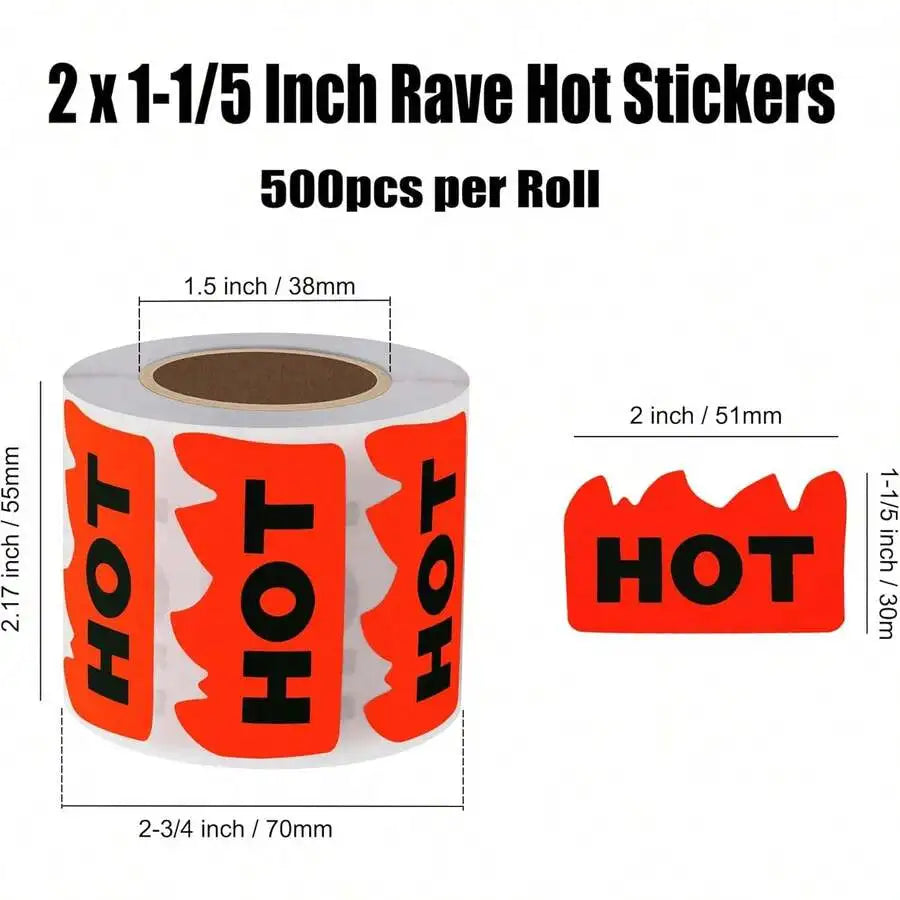 A product specification sheet showing the dimensions of flame-shaped red stickers on a roll