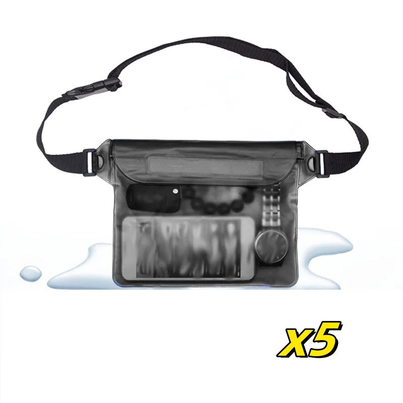 Waterproof Waist and Shoulder Dry Bag - 22 x 14 cm PVC Pouch – 5pcs Black