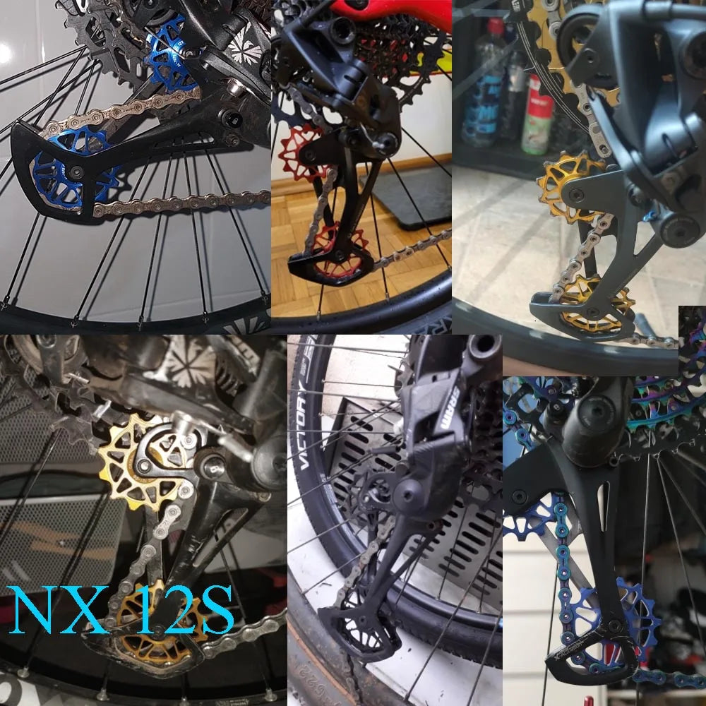 Collage of different coloured bicycle rear derailleur jockey wheels installed on various bikes