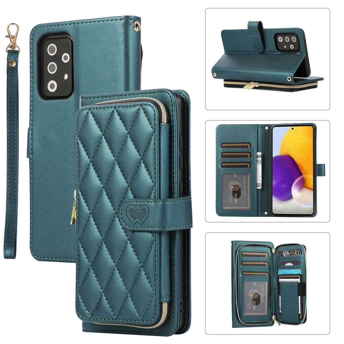 Green quilted wallet phone case with zipper and wrist strap.