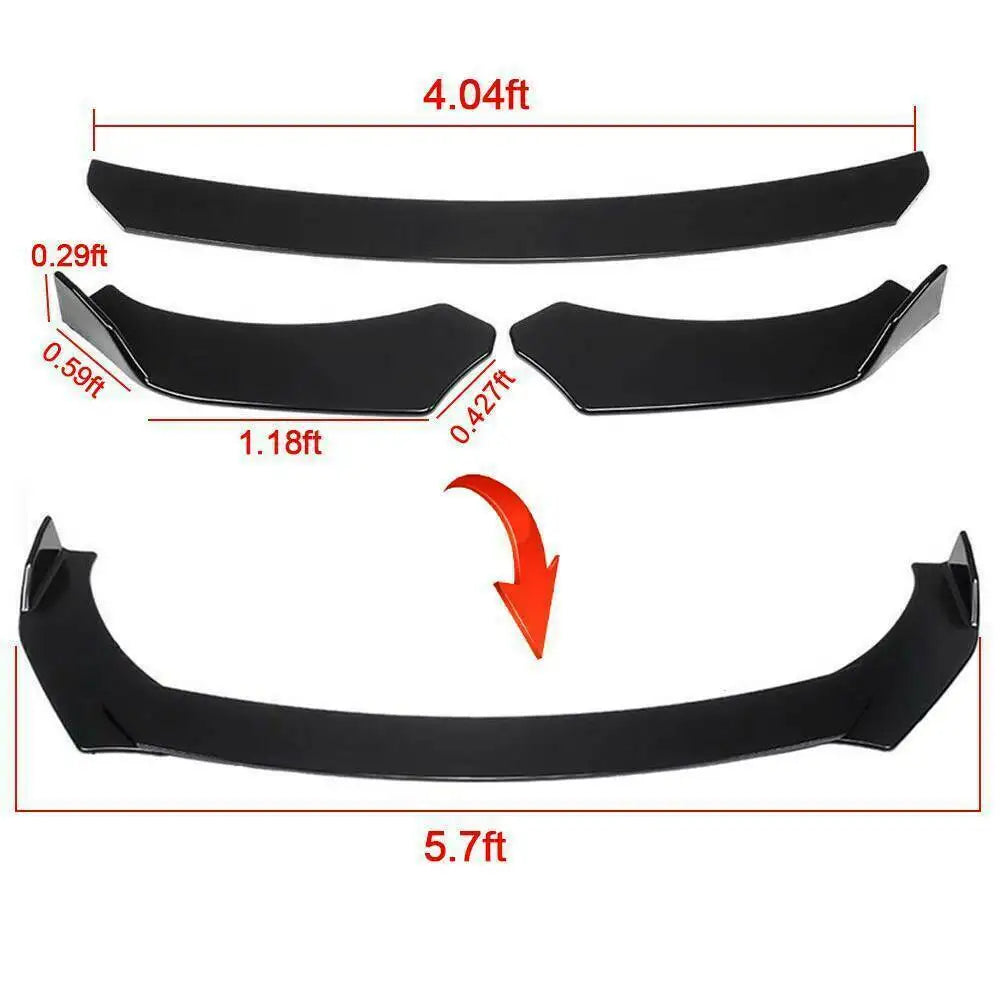Glossy black front bumper lip sections with dimensions