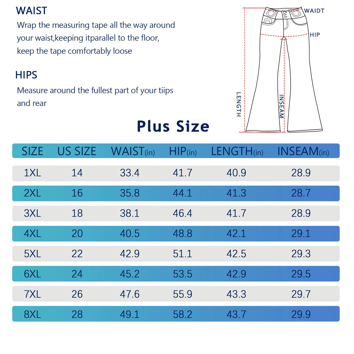 Plus size clothing measurement chart with technical drawing of flared jeans.