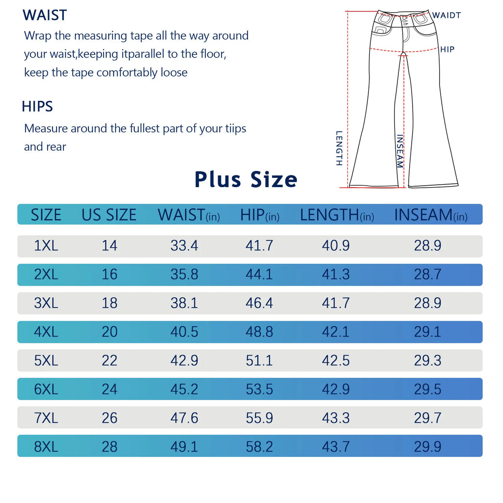 Plus size clothing measurement chart for women's jeans