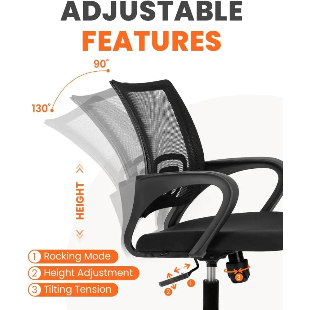 Diagram showing the reclining angle, height adjustment, and tilting tension of a black office chair