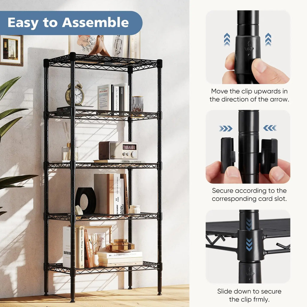 Step-by-step assembly instructions for the 5-tier metal storage shelf featuring detailed illustrations of the clips and