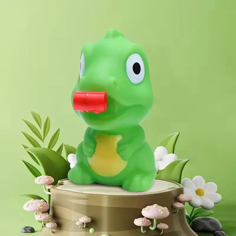Green dinosaur sensory squeeze toy with extending red tongue on a stump display