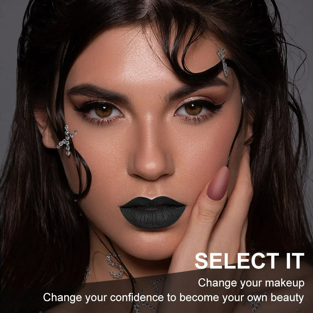A woman wearing black matte lipstick