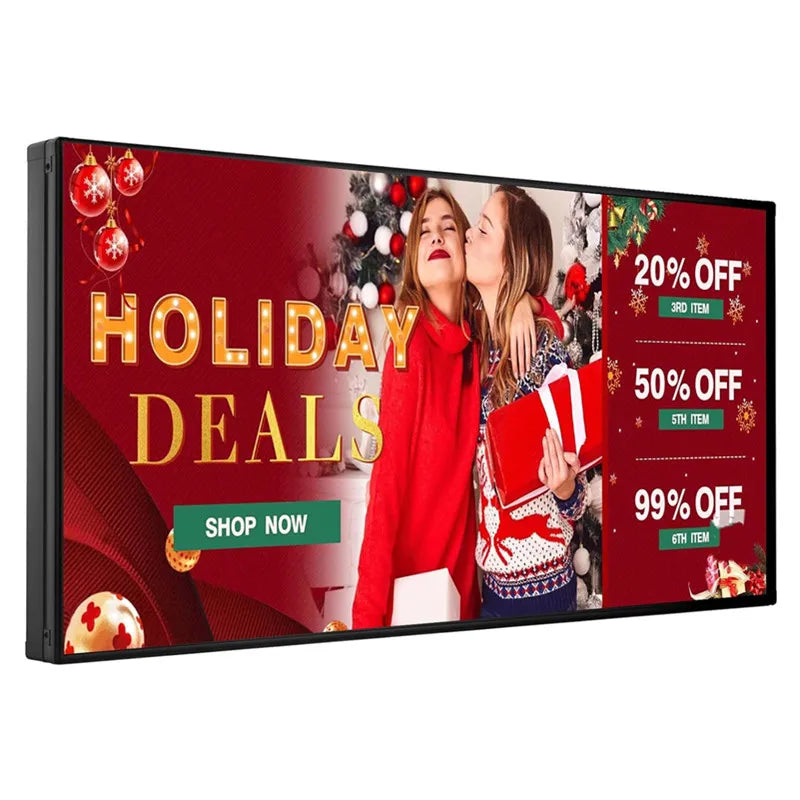 Digital LED display board showing a holiday promotion for a clothing store