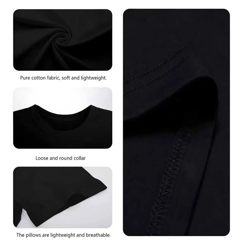 Close-up fabric details and collar view of a black t-shirt showing cotton material.
