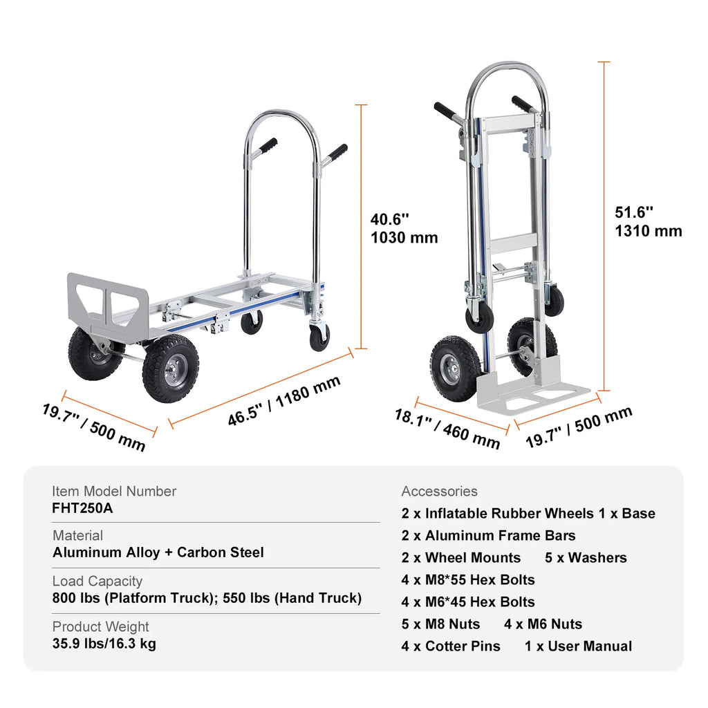 SucceBuy Folding Aluminum Hand Truck, 2-in-1 Convertible Dolly Cart – 800 lbs