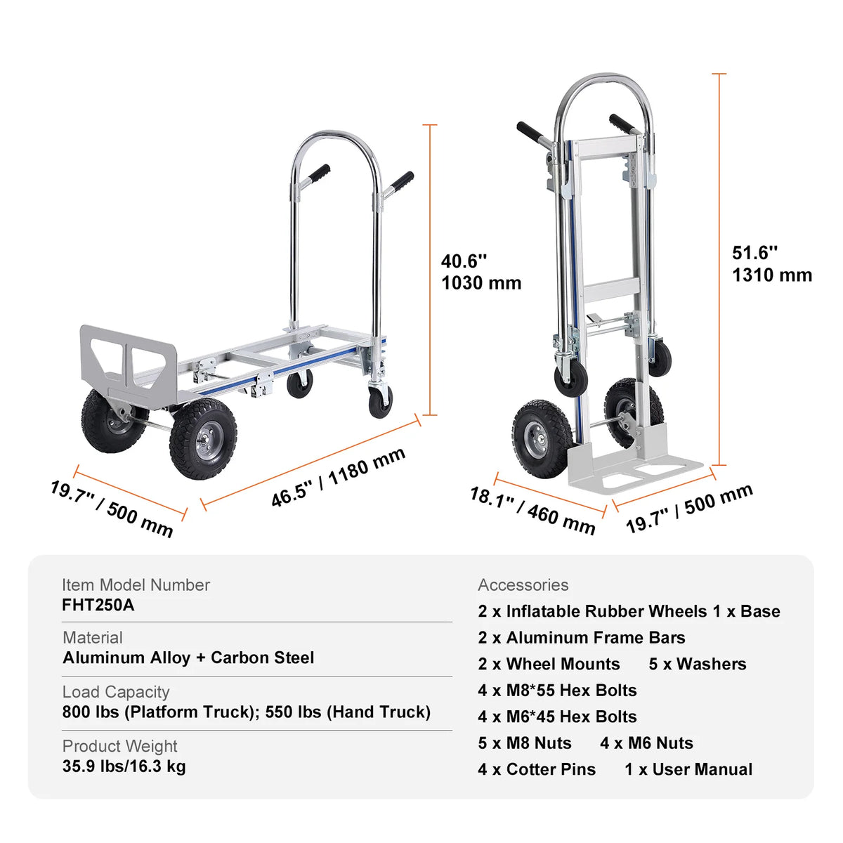 SucceBuy Folding Aluminum Hand Truck, 2-in-1 Convertible Dolly Cart – 800 lbs
