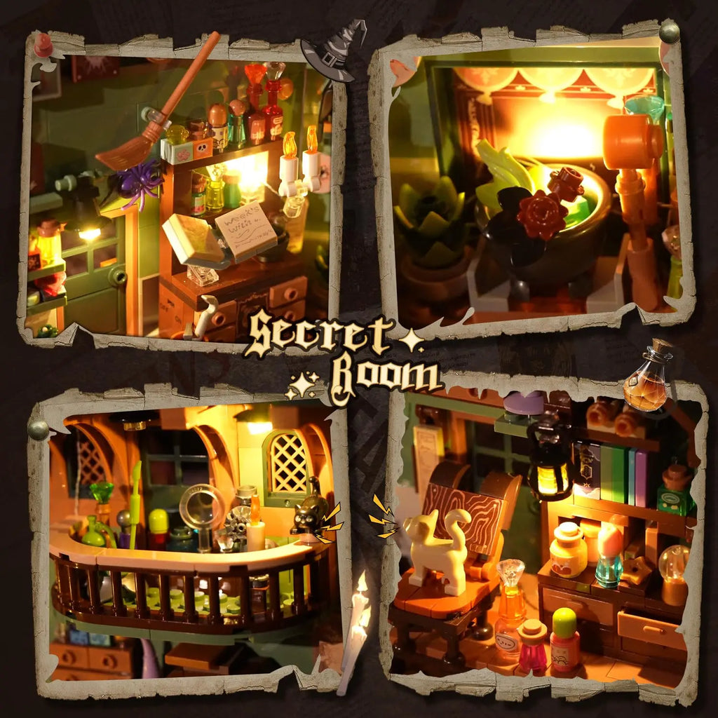 Four close-up views showing details of a miniature wizard room including potions, a cauldron, and shelves.