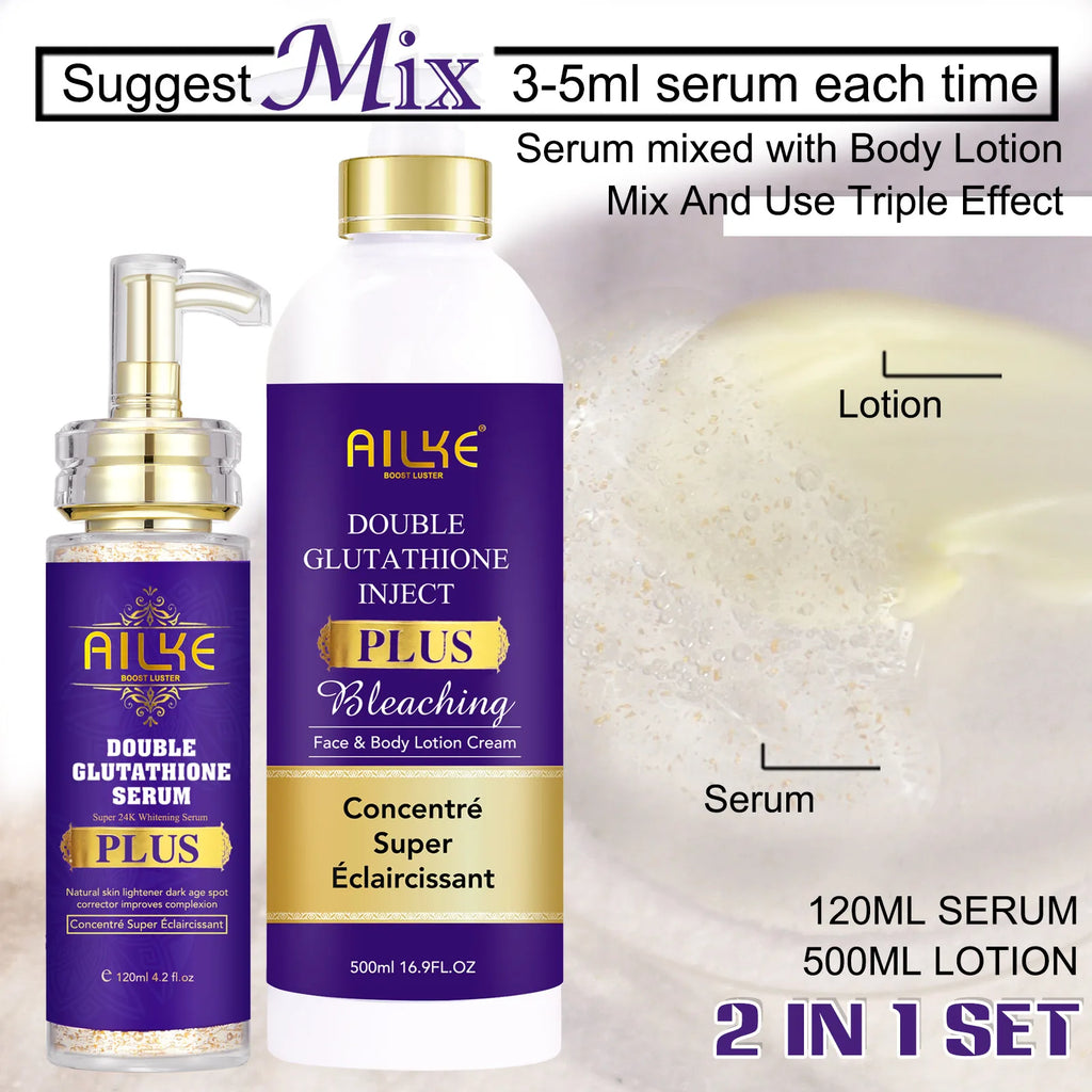 A two-piece set consisting of a bottle of serum and a bottle of body lotion cream.
