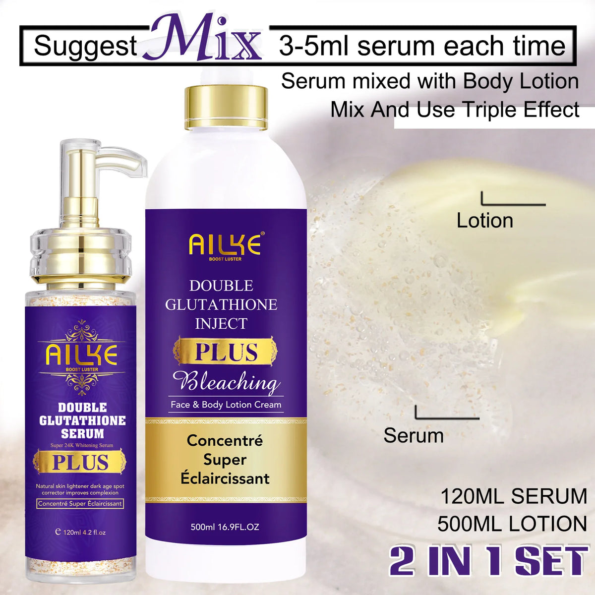 A two-piece set consisting of a bottle of serum and a bottle of body lotion cream.