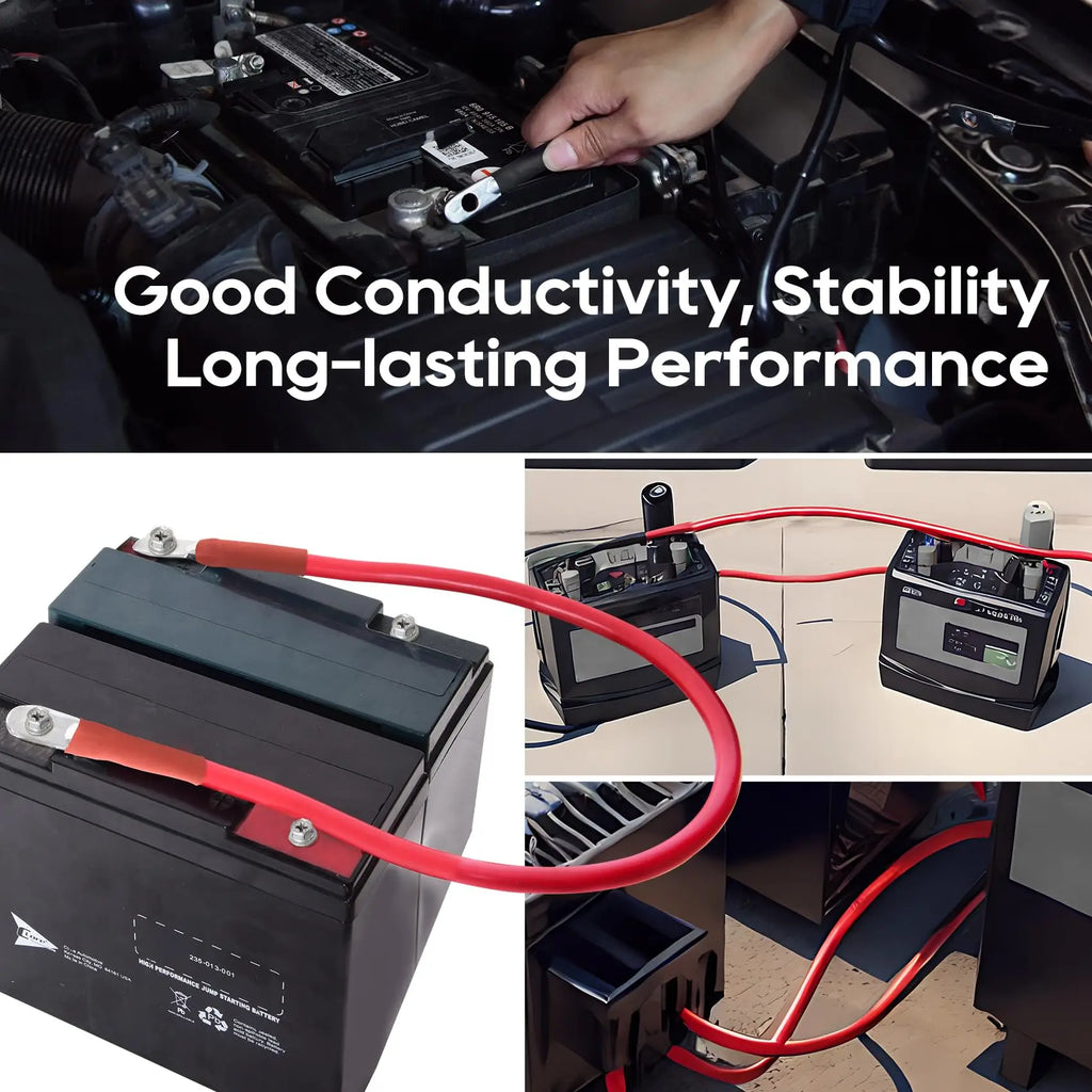 Collage showing heavy duty battery cables installed in a vehicle and used with batteries.