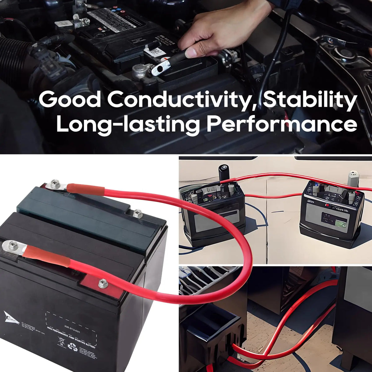 Collage showing heavy duty battery cables installed in a vehicle and used with batteries.