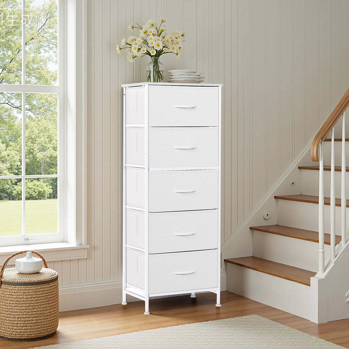 JHK 5-Drawer Dresser Bedroom Storage Cabinet, 47.7" Tall Fabric Chest – White