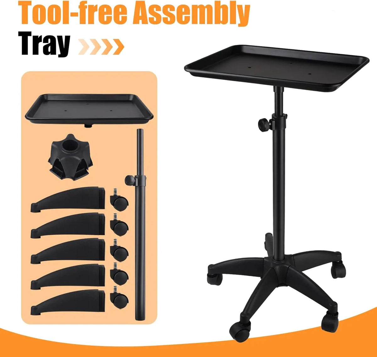 Parts of the adjustable black salon rolling cart laid out for assembly