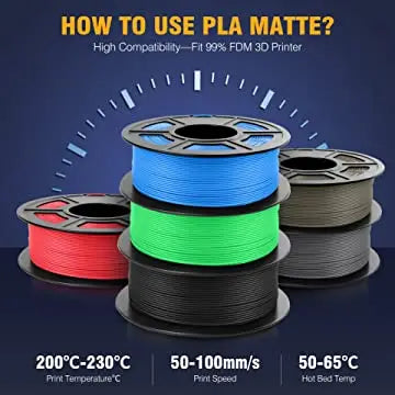 Stacked spools of 3D printer filament with technical specifications for printing.