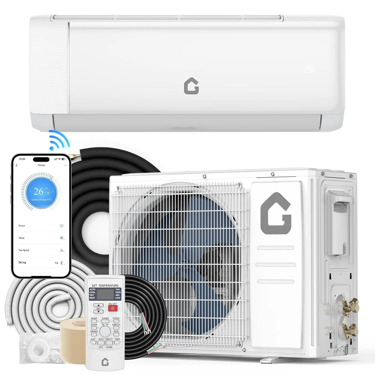 White 24,000 BTU mini split air conditioner indoor wall unit and outdoor compressor unit. – White
