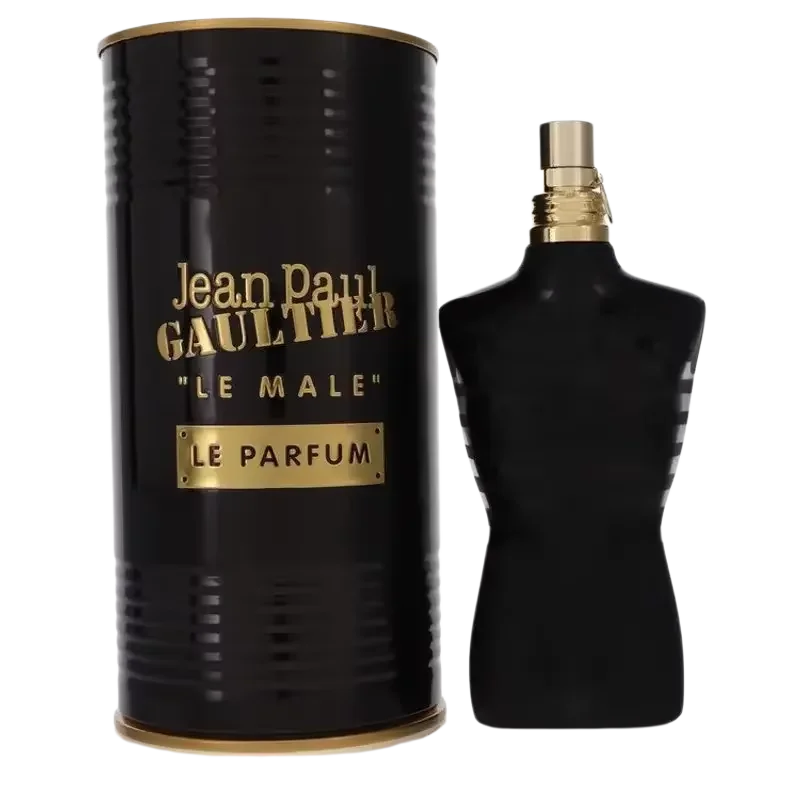 Black torso-shaped perfume bottle with its matching cylindrical metal tin container