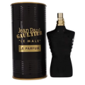 Black torso-shaped perfume bottle with its matching cylindrical metal tin container