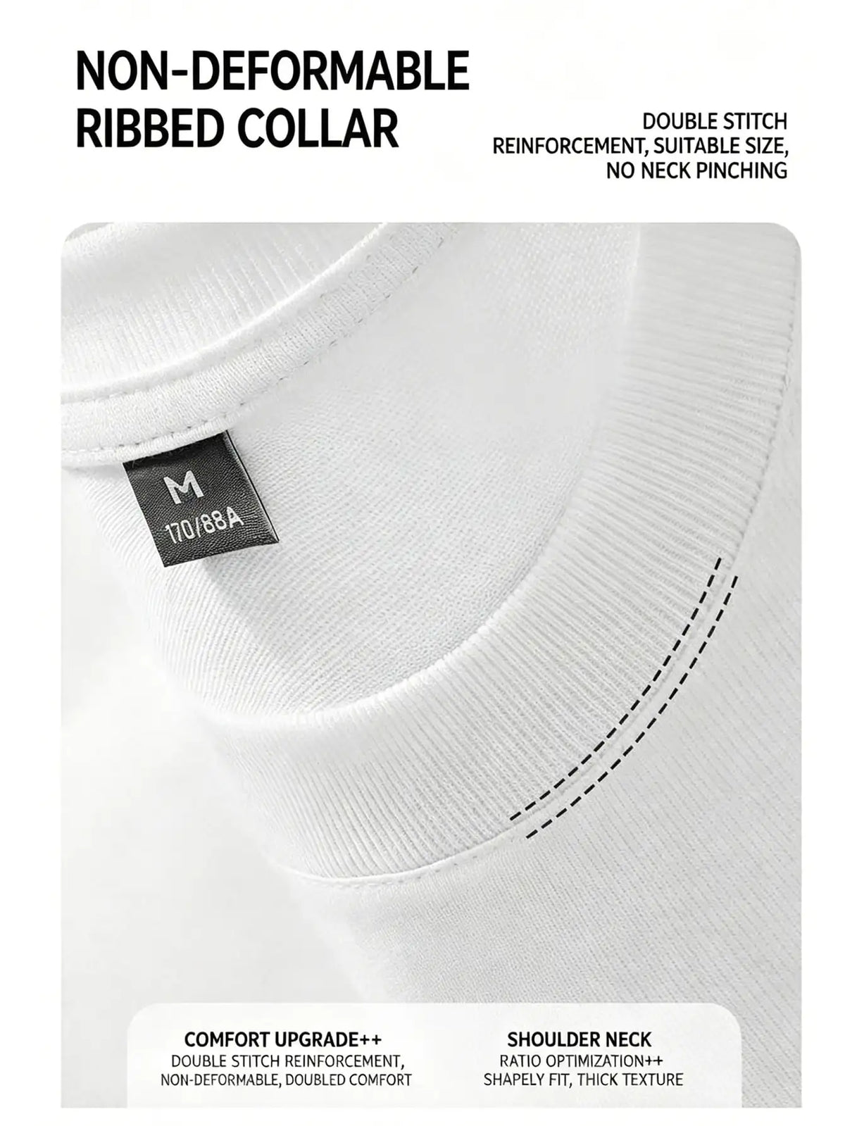 Close up of the ribbed neckline and stitching detail of a t-shirt