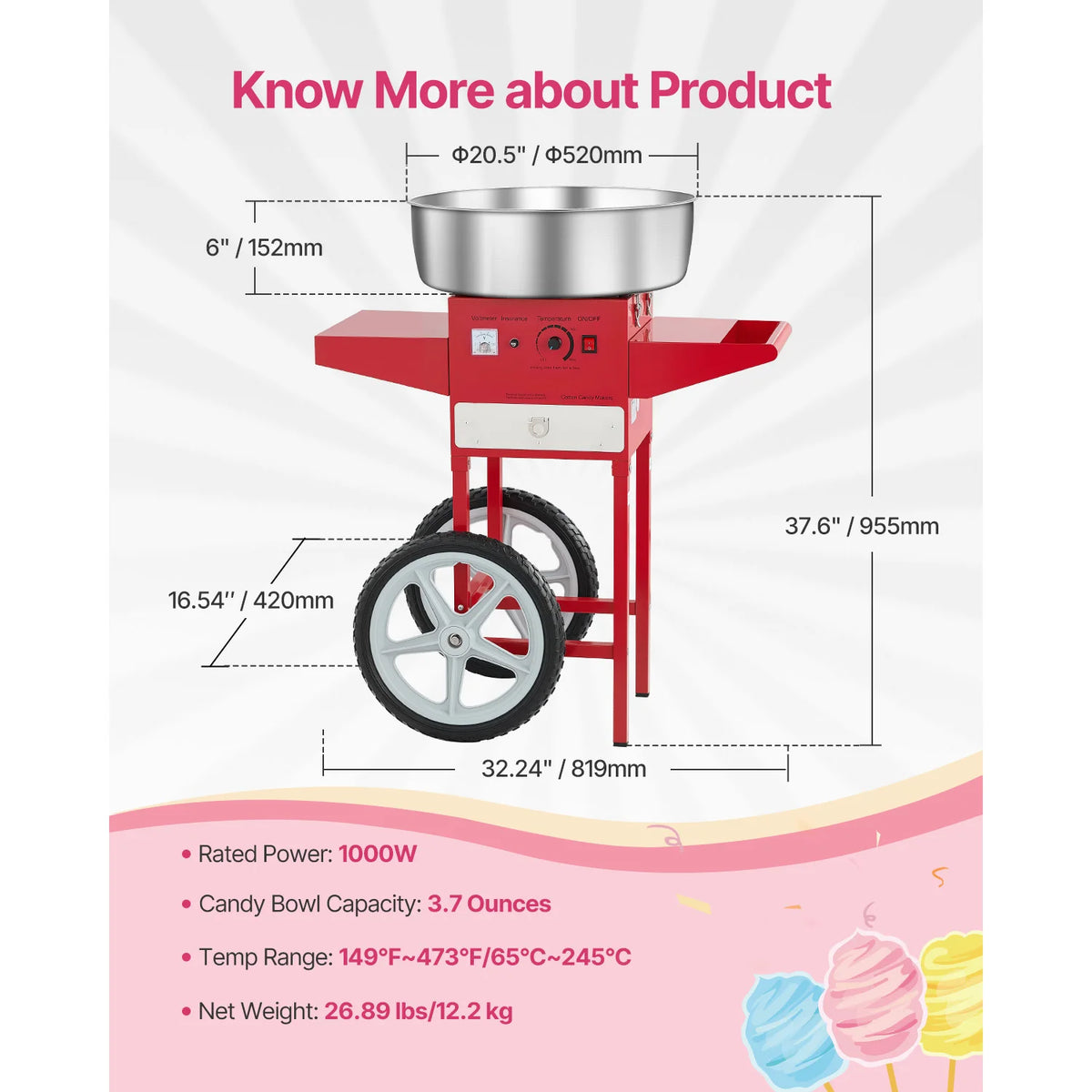 Electric Cotton Candy Machine with Cart, 1000W, 20.5-inch Stainless Bowl – Red