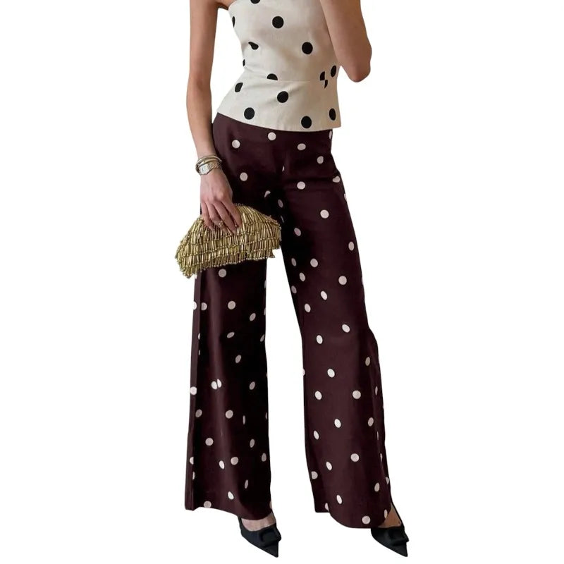 Women's Y2K Polka Dot Straight Leg Pants - High Waisted Ankle Length – Coffeebrown