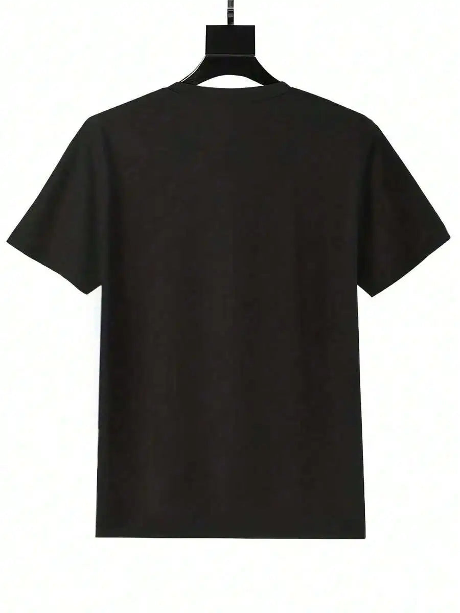 Back view of a plain black t-shirt on a hanger.