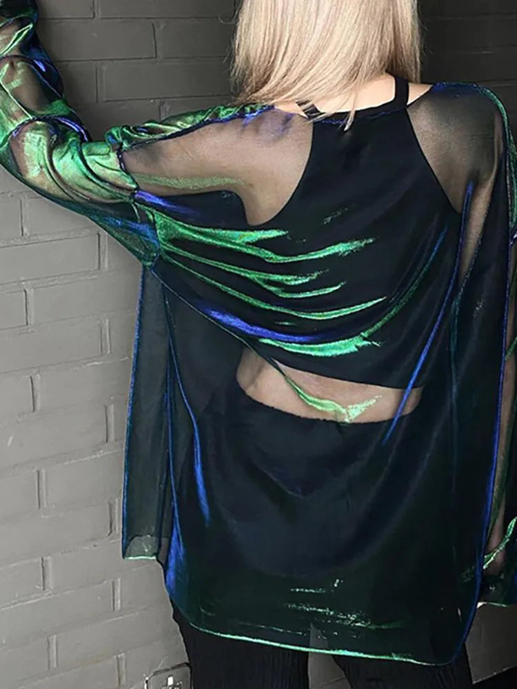 Back view of iridescent sheer mesh long-sleeve oversized t-shirt