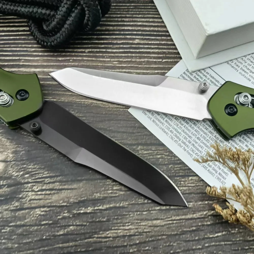 Two folding knives with olive green handles and silver or black blades.