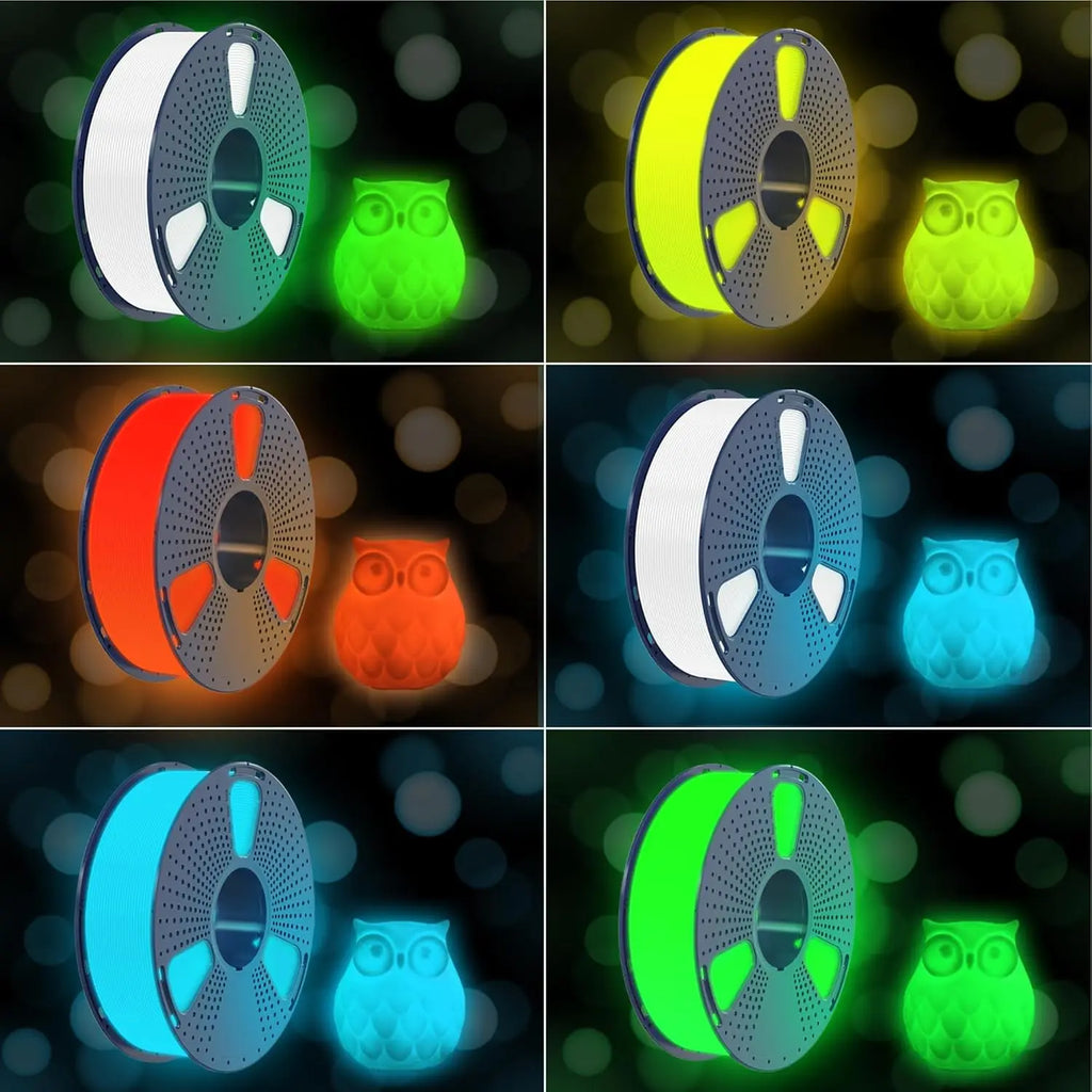 Six different colored spools of 3D printing filament shown next to their corresponding glow in the dark owl figures.