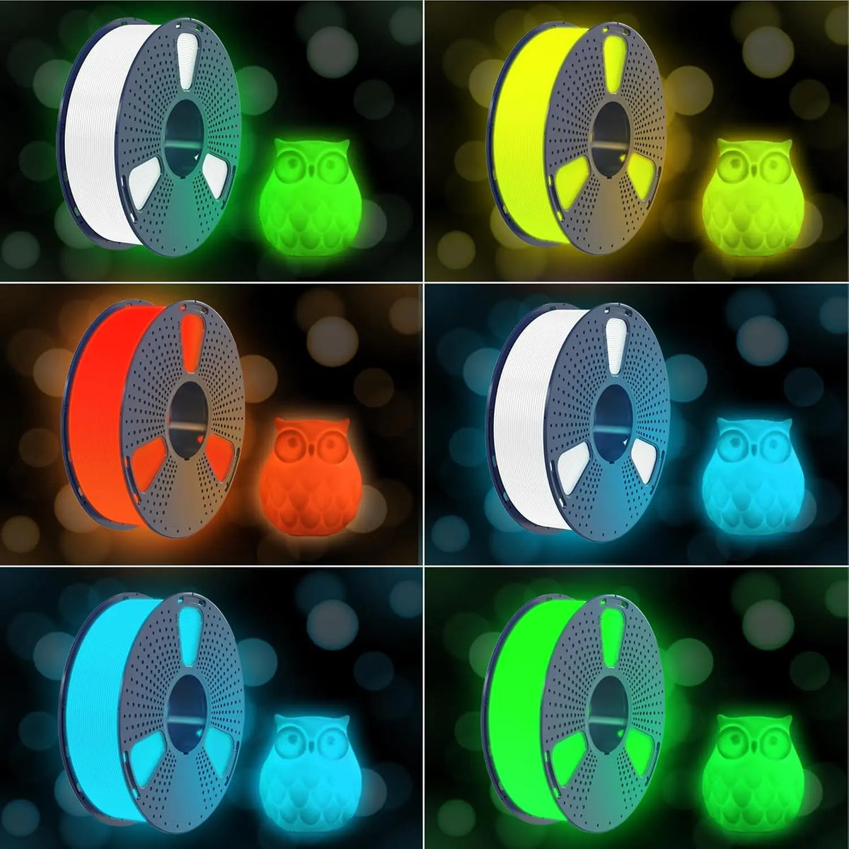 Six different colored spools of 3D printing filament shown next to their corresponding glow in the dark owl figures.