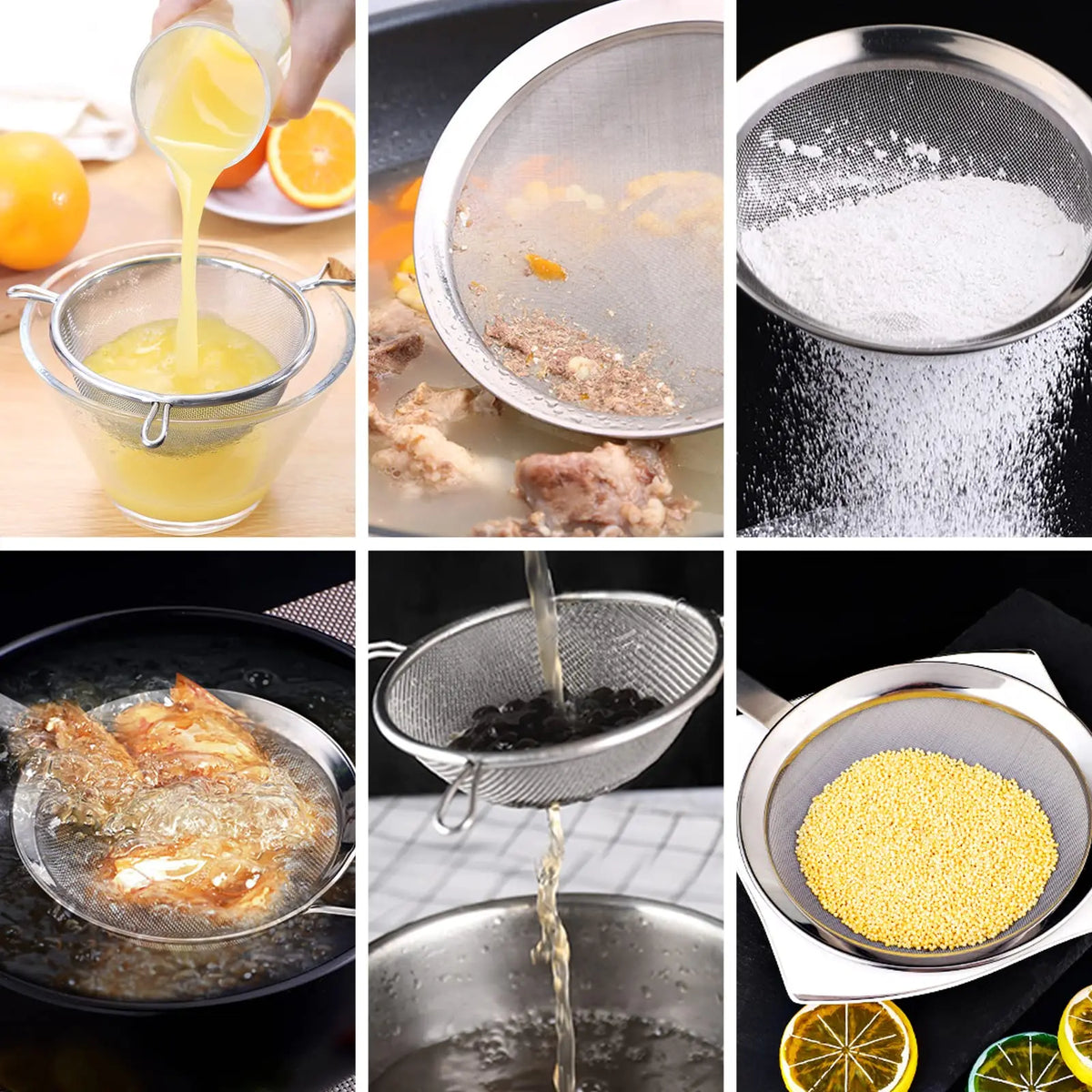 Stainless steel mesh strainers used for various kitchen filtering tasks