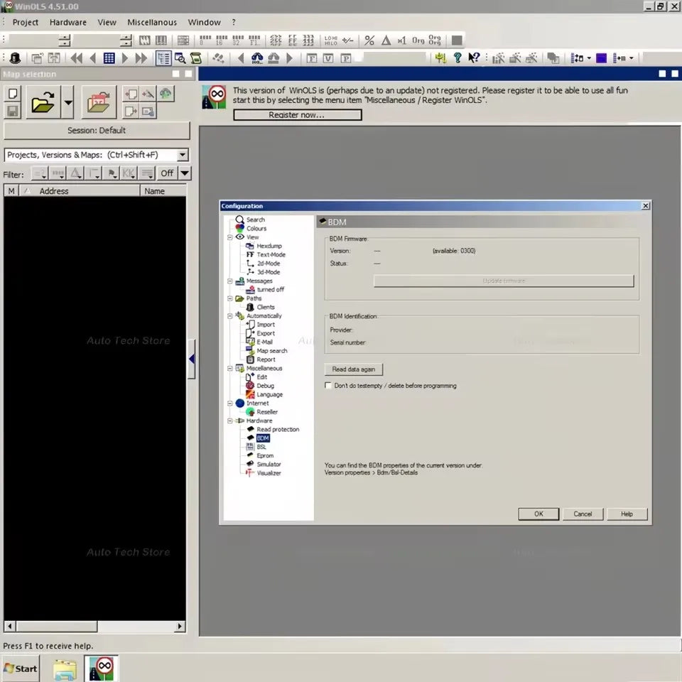 Configuration window of automotive remapping software showing BDM firmware status and diagnostic interface
