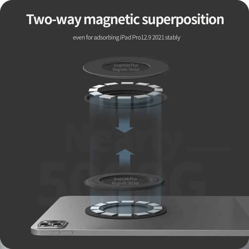 Diagram showing the two-way magnetic suction mechanism for attaching tablets to surfaces