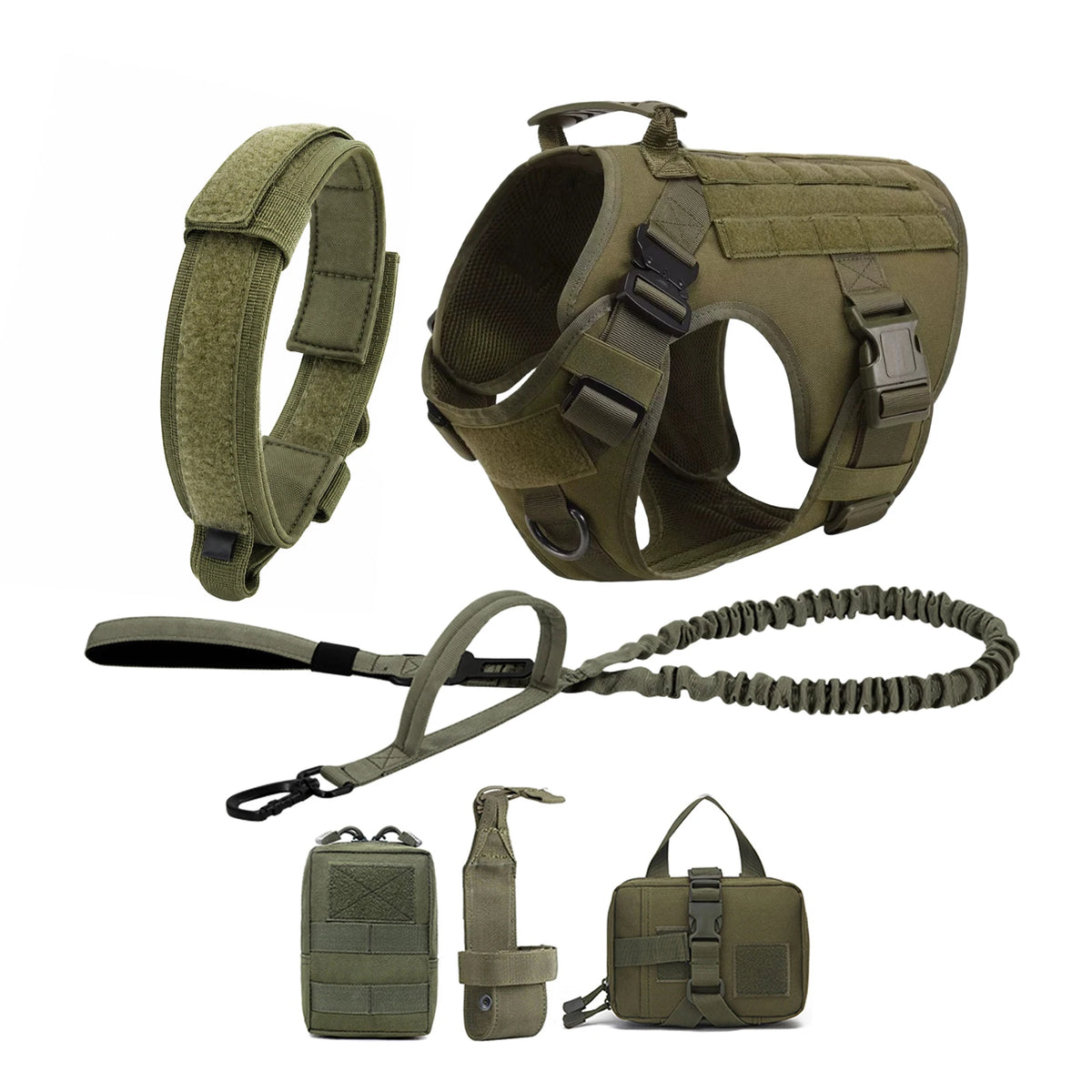 Tactical Dog Harness with Collar and Leash for Medium to Large Dogs – Green 6 Pieces