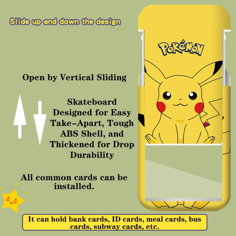 Yellow vertical ID card holder showing sliding mechanism and usage information
